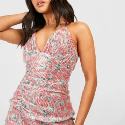 BOOHOO Petite - Robe Mi-longue Pailletée Fleurie -Pas Cher Vêtue Diva Magasin gzz43641 pink xl 3