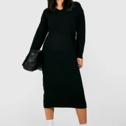 Robe Longue En Maille à Col V -Pas Cher Vêtue Diva Magasin gzz43694 black xl 2