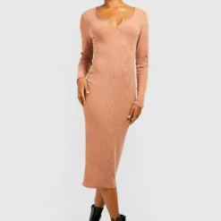 Tall - Robe Mi-longue Côtelée à Manches Longues 8 Tall - Robe Mi-longue Côtelée à Manches Longues -Pas Cher Vêtue Diva Magasin gzz43914 stone xl 2