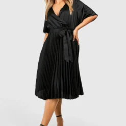 Grande Taille - Robe Patineuse Plissée Satinée à Manches Larges -Pas Cher Vêtue Diva Magasin gzz43951 black xl 2