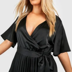 Grande Taille - Robe Patineuse Plissée Satinée à Manches Larges -Pas Cher Vêtue Diva Magasin gzz43951 black xl 3