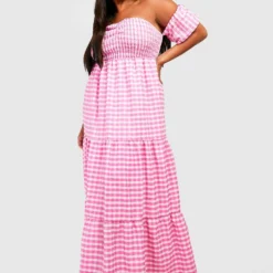Grande Taille - Robe Longue à Imprimé Vichy Et Col Bateau -Pas Cher Vêtue Diva Magasin gzz43956 pink xl 2