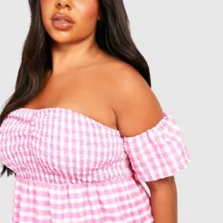 Grande Taille - Robe Longue à Imprimé Vichy Et Col Bateau -Pas Cher Vêtue Diva Magasin gzz43956 pink xl 3