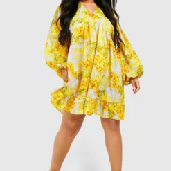 Grande Taille - Robe Fleurie à Volants -Pas Cher Vêtue Diva Magasin gzz44011 yellow xl 2 scaled