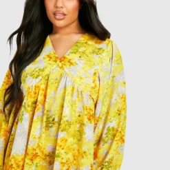 Grande Taille - Robe Fleurie à Volants -Pas Cher Vêtue Diva Magasin gzz44011 yellow xl 3 scaled