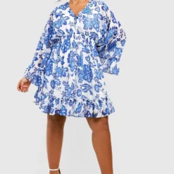 Grande Taille - Robe Babydoll Fleurie à Manches Larges -Pas Cher Vêtue Diva Magasin gzz44035 blue xl 2