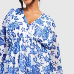 Grande Taille - Robe Babydoll Fleurie à Manches Larges -Pas Cher Vêtue Diva Magasin gzz44035 blue xl 3