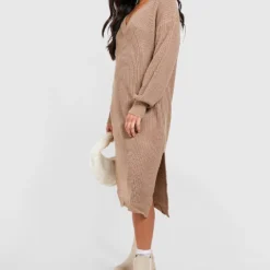 Petite - Robe Pull En Maille à Col V 8 Petite - Robe Pull En Maille à Col V -Pas Cher Vêtue Diva Magasin gzz44055 mushroom xl 2