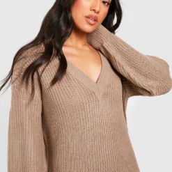 Petite - Robe Pull En Maille à Col V 9 Petite - Robe Pull En Maille à Col V -Pas Cher Vêtue Diva Magasin gzz44055 mushroom xl 3