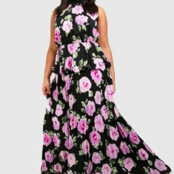 Grande Taille - Robe Plissée Fleurie Dos Nu à Volants -Pas Cher Vêtue Diva Magasin gzz44125 black xl 2