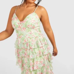 Grande Taille - Robe Mi-longue Fleurie Froncée -Pas Cher Vêtue Diva Magasin gzz44151 green xl 2