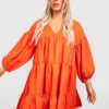 BOOHOO Grande Taille - Robe Babydoll Froncée à Manches Bouffantes -Pas Cher Vêtue Diva Magasin gzz44176 orange xl