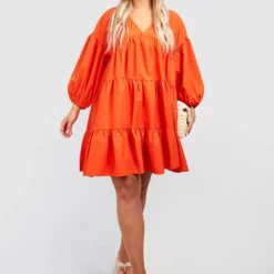 BOOHOO Grande Taille - Robe Babydoll Froncée à Manches Bouffantes -Pas Cher Vêtue Diva Magasin gzz44176 orange xl 2