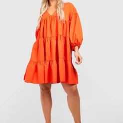 BOOHOO Grande Taille - Robe Babydoll Froncée à Manches Bouffantes -Pas Cher Vêtue Diva Magasin gzz44176 orange xl 3