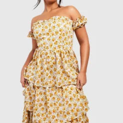 Grande Taille - Robe Longue à Volants Et épaules Dénudées -Pas Cher Vêtue Diva Magasin gzz44234 yellow xl 2