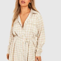 Grande Taille - Robe Chemise à Carreaux Et Ceinture
