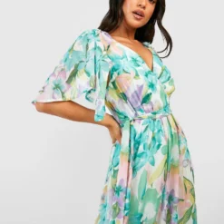 Petite - Robe Longue Fleurie à Manches Larges -Pas Cher Vêtue Diva Magasin gzz44295 mint xl 3