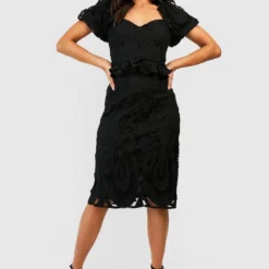 Petite - Robe Mi-longue Premium En Dentelle à Manches Bouffantes -Pas Cher Vêtue Diva Magasin gzz44343 black xl 2