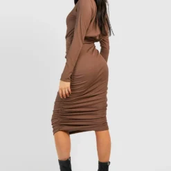 Robe Mi-longue Froncée Côtelée à Manches Longues -Pas Cher Vêtue Diva Magasin gzz45062 chocolate xl 1