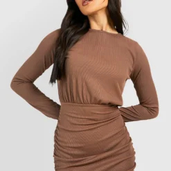 Robe Mi-longue Froncée Côtelée à Manches Longues -Pas Cher Vêtue Diva Magasin gzz45062 chocolate xl 3