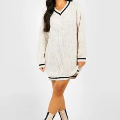 Petite - Robe Pull à Col V -Pas Cher Vêtue Diva Magasin gzz45846 ivory xl 2