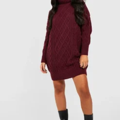 Petite - Robe Pull En Maille Torsadée à Col Roulé -Pas Cher Vêtue Diva Magasin gzz45848 berry xl 2