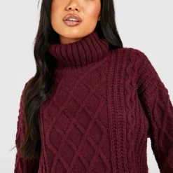 Petite - Robe Pull En Maille Torsadée à Col Roulé -Pas Cher Vêtue Diva Magasin gzz45848 berry xl 3
