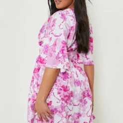 Grande Taille - Robe Patineuse à Imprimé Porcelaine Et Lacets -Pas Cher Vêtue Diva Magasin gzz46242 pink xl 1