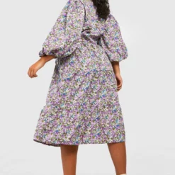 Grande Taille - Robe Mi-longue Fleurie à Manches Bouffantes 7 Grande Taille - Robe Mi-longue Fleurie à Manches Bouffantes -Pas Cher Vêtue Diva Magasin gzz46254 purple xl 1