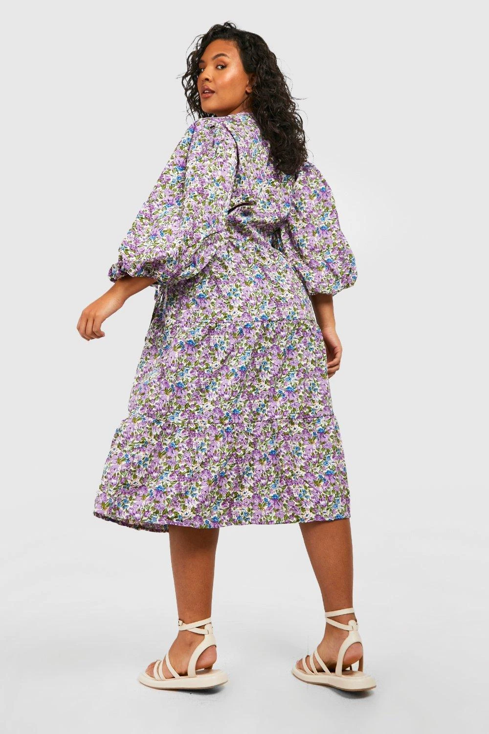 Grande Taille - Robe Mi-longue Fleurie à Manches Bouffantes 4 Grande Taille - Robe Mi-longue Fleurie à Manches Bouffantes – Image 2