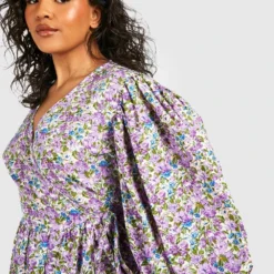 Grande Taille - Robe Mi-longue Fleurie à Manches Bouffantes 9 Grande Taille - Robe Mi-longue Fleurie à Manches Bouffantes -Pas Cher Vêtue Diva Magasin gzz46254 purple xl 3