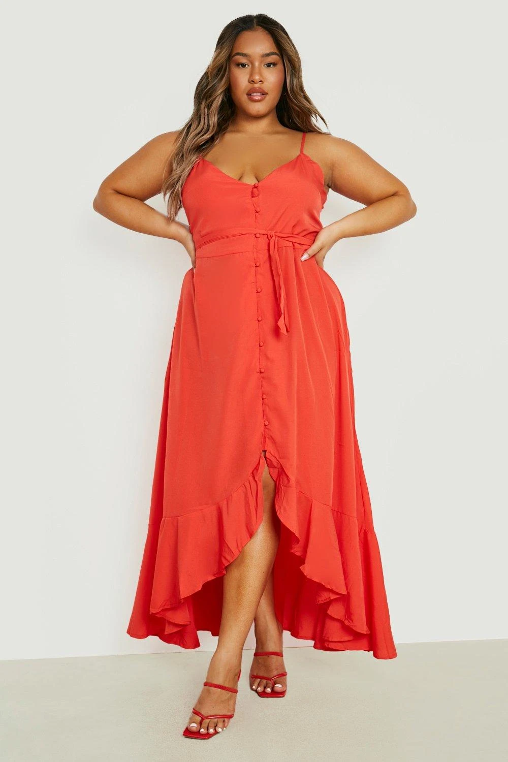 Grande Taille - Robe Mi-longue Boutonnée à Ourlet Volanté 3 Grande Taille - Robe Mi-longue Boutonnée à Ourlet Volanté