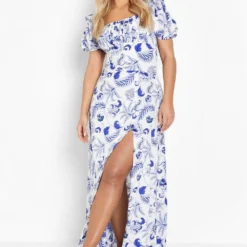 Grande Taille - Robe Longue Froncée à Imprimé Porcelaine -Pas Cher Vêtue Diva Magasin gzz46263 blue xl 2