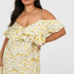 Grande Taille - Robe Longue à Imprimé Fleuri Et épaules Ajourées -Pas Cher Vêtue Diva Magasin gzz46273 yellow xl 2 scaled