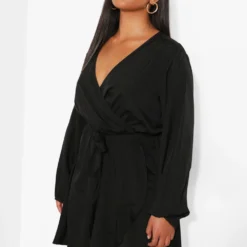 Grande Taille - Robe Cache-cœur à Volants Et Manches Longues -Pas Cher Vêtue Diva Magasin gzz46282 black xl 2