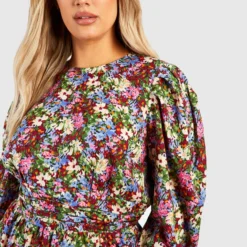 Grande Taille - Robe Patineuse Fleurie à Manches Bouffantes -Pas Cher Vêtue Diva Magasin gzz46296 berry xl 3 scaled