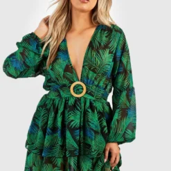 BOOHOO Grande Taille - Robe De Plage à Boucle En Raphia Et Imprimé Palmier -Pas Cher Vêtue Diva Magasin gzz46308 black xl 2