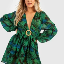 BOOHOO Grande Taille - Robe De Plage à Boucle En Raphia Et Imprimé Palmier -Pas Cher Vêtue Diva Magasin gzz46308 black xl 3