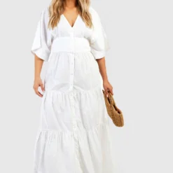 Grande Taille - Robe Longue Boutonnée En Popeline -Pas Cher Vêtue Diva Magasin gzz46314 white xl 2