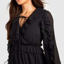 Tall - Robe Babydoll Texturée Nouée à Volants -Pas Cher Vêtue Diva Magasin gzz46577 black xl 3
