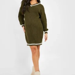 Maternité - Robe Pull De Grossesse à Col V -Pas Cher Vêtue Diva Magasin gzz46600 khaki xl 2