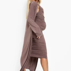 Maternité - Ensemble De Grossesse Avec Robe à Col Bénitier Et Cardigan à Ceinture -Pas Cher Vêtue Diva Magasin gzz46603 mocha xl 1