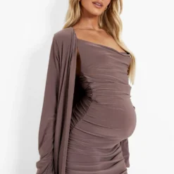 Maternité - Ensemble De Grossesse Avec Robe à Col Bénitier Et Cardigan à Ceinture -Pas Cher Vêtue Diva Magasin gzz46603 mocha xl 3