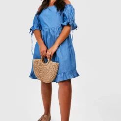 Grande Taille - Robe Effet Denim à Smocks Et Manches Bouffantes -Pas Cher Vêtue Diva Magasin gzz46827 denim blue xl 2