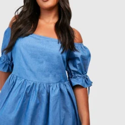 Grande Taille - Robe Effet Denim à Smocks Et Manches Bouffantes -Pas Cher Vêtue Diva Magasin gzz46827 denim blue xl 3