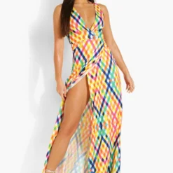 Tall - Robe Portefeuille Longue à Imprimé Vichy -Pas Cher Vêtue Diva Magasin gzz46839 multi xl 2