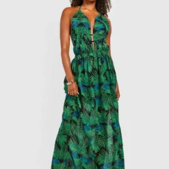 Tall - Robe Longue à Décolleté Plongeant Et Imprimé Palmier -Pas Cher Vêtue Diva Magasin gzz46856 leaf20green xl 2
