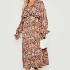 Grande Taille - Robe Longue à Volants Et Imprimé Cachemire -Pas Cher Vêtue Diva Magasin gzz46903 brown xl 2