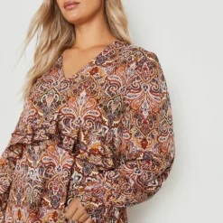 Grande Taille - Robe Longue à Volants Et Imprimé Cachemire -Pas Cher Vêtue Diva Magasin gzz46903 brown xl 3