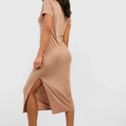 Petite - Robe T-shirt Fendue -Pas Cher Vêtue Diva Magasin gzz46973 camel xl 1